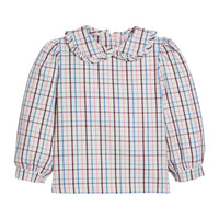 Little English traditional children's clothing.  Long sleeve ruffled peter pan blouse in brown, pink and blue Wilmington Plaid for girls