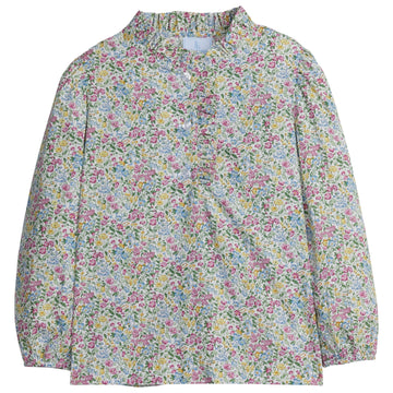 little english classic childrens clothing girls long sleeve blouse with blue and pink floral pattern and ruffled neck and lapel