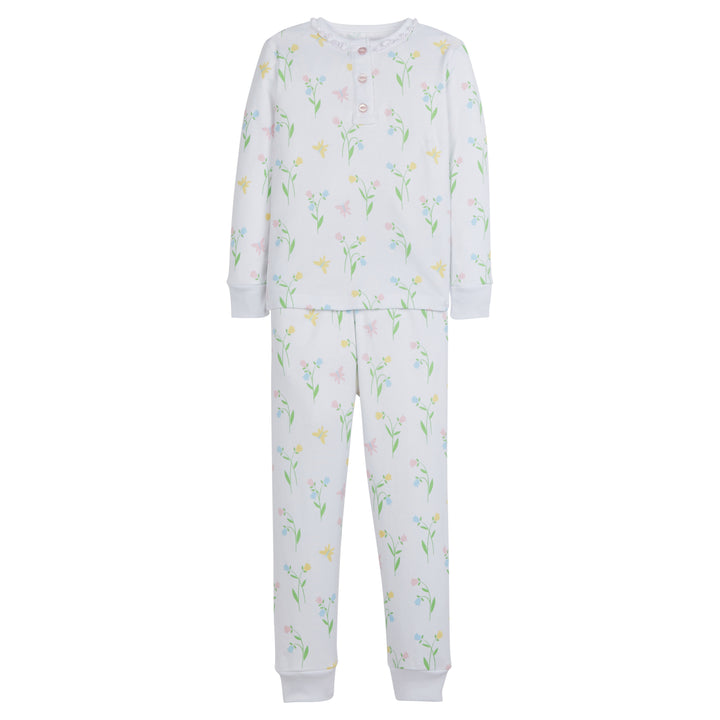 Little English classic children's clothing, girls long-sleeved jammies with ruffles around the collar and printed butterfly garden motif