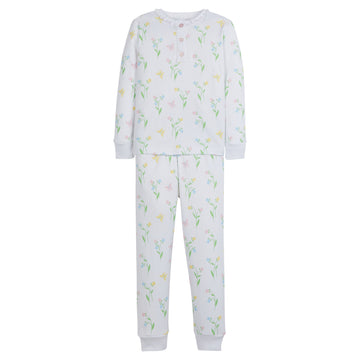 Little English classic children's clothing, girls long-sleeved jammies with ruffles around the collar and printed butterfly garden motif