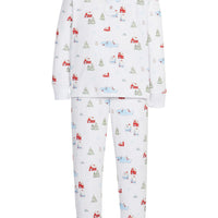 Little English traditional children's clothing, Ruffled printed Jammies in Christmas Village pattern, for little girl