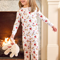 little english classic children's clothing girls long sleeve and pant pajamas with lab and red hearts all over print 