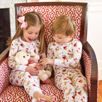 little english classic children's clothing long sleeve and pant pajamas with lab and red hearts all over print, ruffled collar for girl 