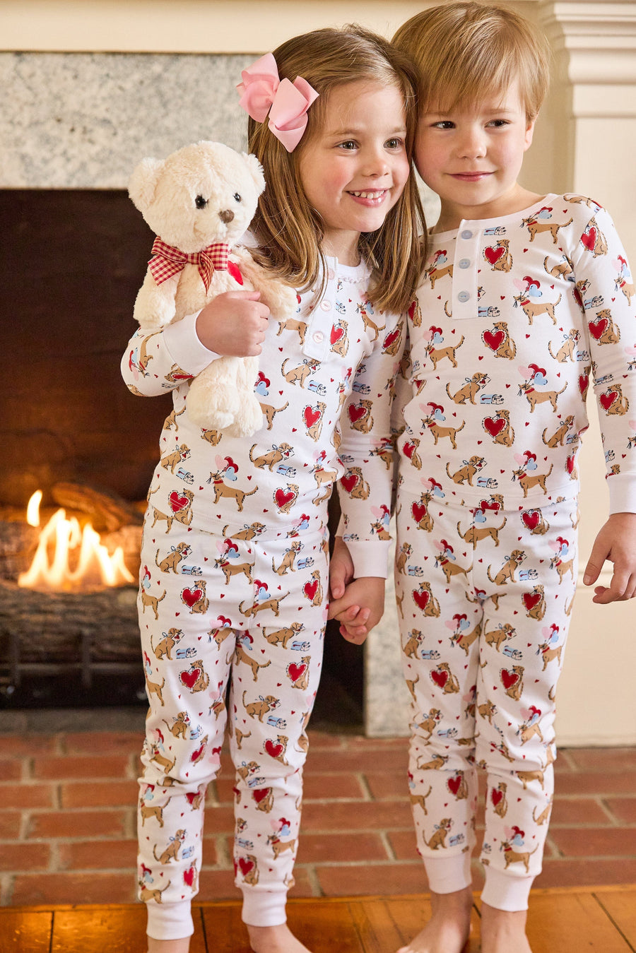 little english classic children's clothing long sleeve and pant pajamas with lab and red hearts all over print, ruffled collar for girl 
