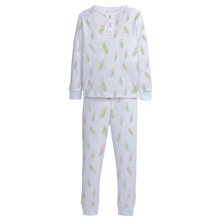 Little English classic children's clothing, girls long-sleeved jammies with ruffles around the collar and printed pink and green golf bag motif
