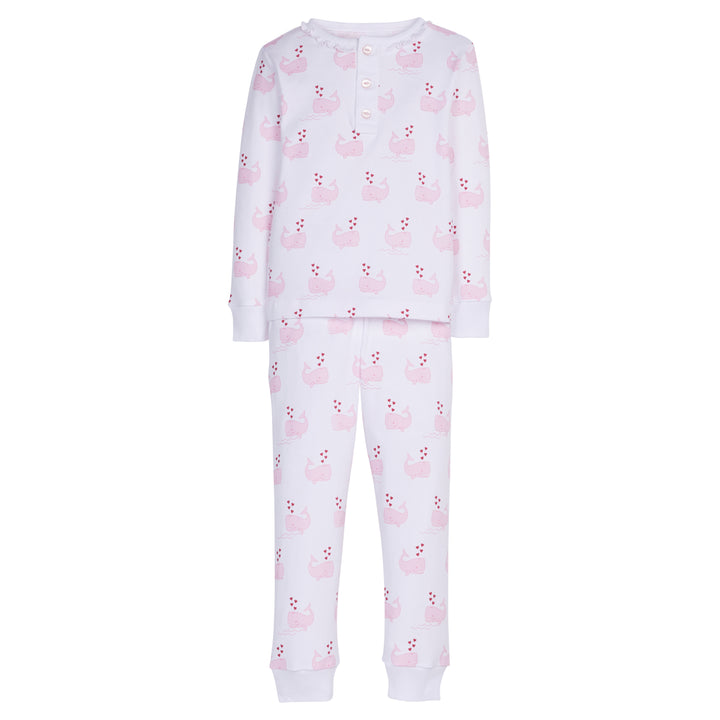 Little English classic children's clothing, girls long-sleeved jammies with ruffles around the collar and printed pink whale motif