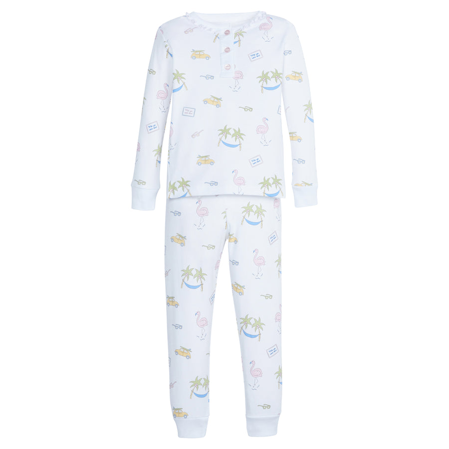Little English classic children's clothing, girls long-sleeved jammies with ruffles around the collar and printed tropical vacation motif