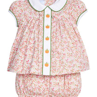 Little English classic children's clothing.  Pink and green floral set for baby girls.  Puff sleeve top with white peter pan collar and placket with pumpkin embroidery paired with matching ruffled bloomer.