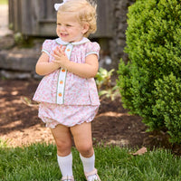 Little English classic children's clothing.  Pink and green floral set for baby girls.  Puff sleeve top with white peter pan collar and placket with pumpkin embroidery paired with matching ruffled bloomer.