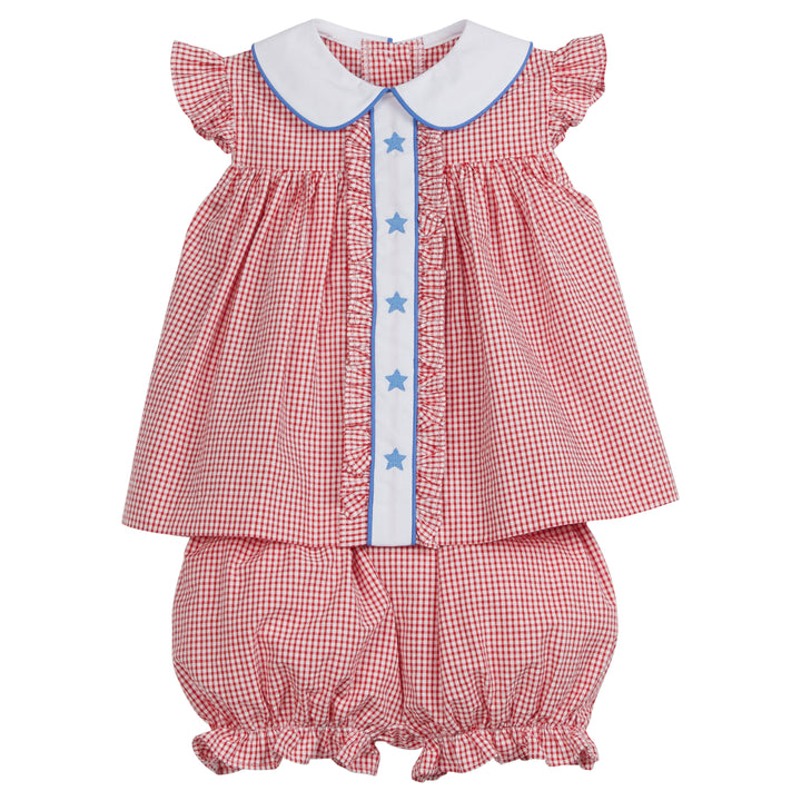 Little English, toddler girl's red seersucker gingham bloomer set for Summer. Ruffle detailing on sleeve and down the center with a peter pan collar and blue embroidered stars down the placket. Red seersucker gingham bloomers with ruffle banded cuffs included. 4th of July outfit.