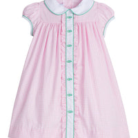 Little English traditional children's clothing.  Pink gingham dress with green golf applique for little girls for Spring