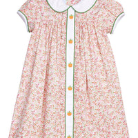 Little English classic children's clothing.  Pink and green floral dress for little girls with puff sleeves, peter pan collar and pumpkin embroidered placket