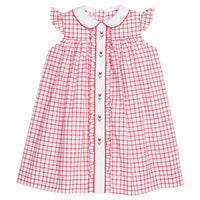Little English traditional children's clothing. Classic dress for toddler girls in red windowpane with peter pan collar and tulip embroidery