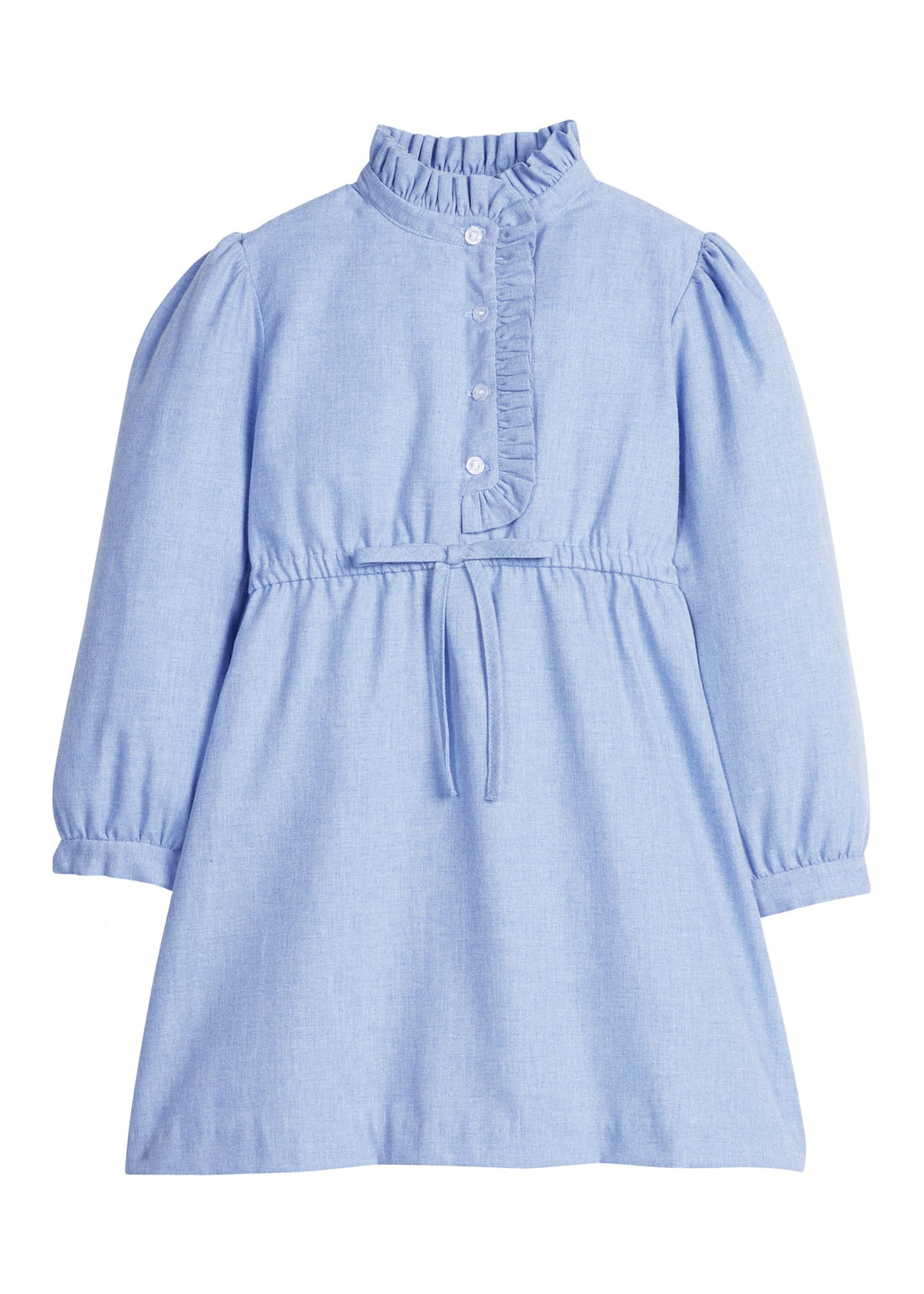 Little English classic dress for girls. Soft blue flannel-like shirt dress with ruffled collar and placket for Fall