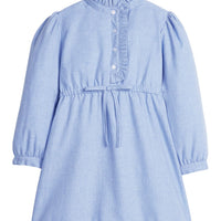 Little English classic dress for girls. Soft blue flannel-like shirt dress with ruffled collar and placket for Fall