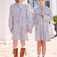 little english classic children's clothing lavender, light blue, and tan margaux floral print for girls for fall 