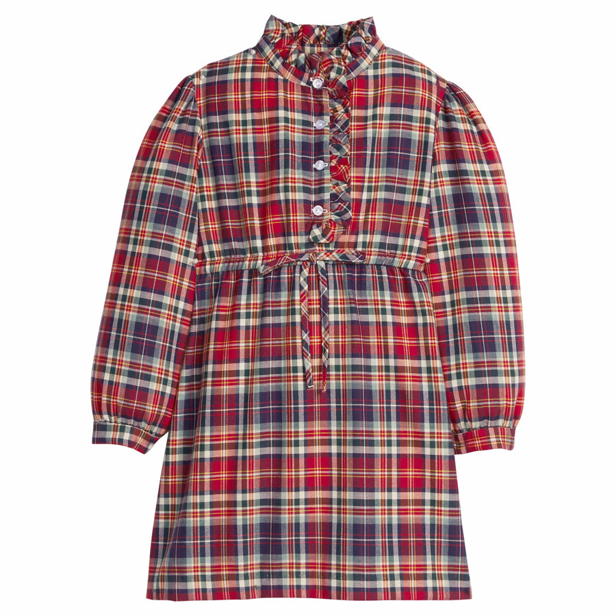 little english classic children's clothing girls deep red and navy plaid shirt dress with high neck ruffle detailing for fall and winter 