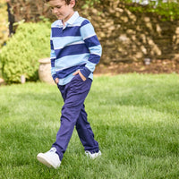 Little English classic children's clothing.  Navy and light blue varsity stripe rugby polo paired with navy twill classic pants for boys.