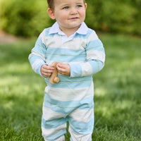 Little English classic children's clothing.  Long sleeve aqua and white fondren stripe rugby polo romper for baby boys.