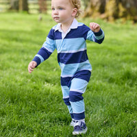 Little English classic children's clothing.  Long sleeve navy and light blue varsity stripe rugby polo romper for baby boys.