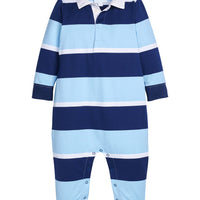 Little English classic children's clothing.  Long sleeve navy and light blue varsity stripe rugby polo romper for baby boys.