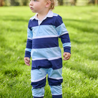 Little English classic children's clothing.  Long sleeve navy and light blue varsity stripe rugby polo romper for baby boys.