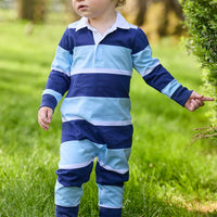 Little English classic children's clothing.  Long sleeve navy and light blue varsity stripe rugby polo romper for baby boys.