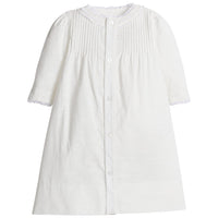 Little English traditional children's clothing.  Unisex pleated ivory newborn gown with ruffles and embroidered detailing at the collar and sleeves