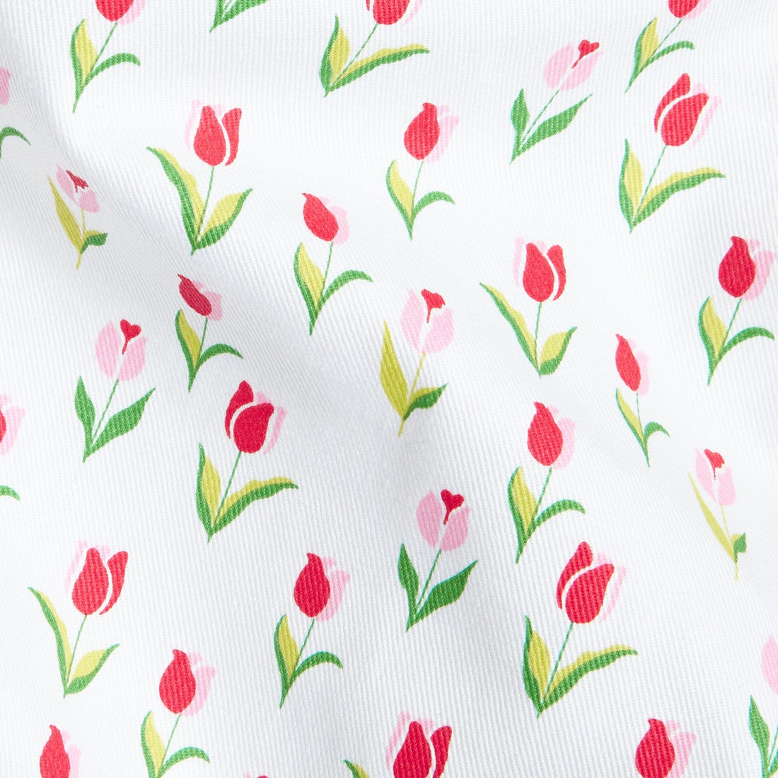 Little English printed twill fabric with pink and red tulips, fresh floral fabric for spring