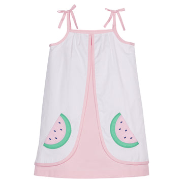 Little English traditional children's clothing, girl's classic pink and white dress with watermelon applique for Summer