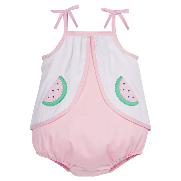 Little English traditional children's clothing, baby girl's classic pink and white sunsuit with watermelon applique for Summer