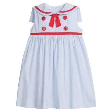 Little English traditional children's clothing, girl's classic thin light blue stripe dress with sailor collar, fixed neck tie, and red button detail for Summer 