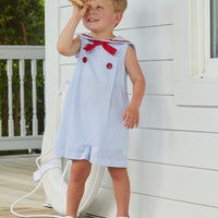 Little English traditional children's clothing, boy's classic thin light blue stripe john john with sailor collar, fixed neck tie, and red button detail for Summer