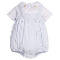 Little English traditional children's clothing.  Traditional two-piece bubble set for baby boys with with peter pan short sleeve shirt with embroidered bunnies at the collar and coordinating bubble in light blue stripe seersucker fabric.  Easter outfit for baby boys.