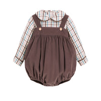 Little English traditional children's clothing.  Long sleeve brown, blue, and pink Wilmington Plaid peter pan shirt and chocolate brown corduroy bubble set for baby boys