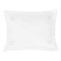 Little English traditional children's clothing.  White cotton scallop baby pillowcase with light blue trim and floral embroidery at the corners