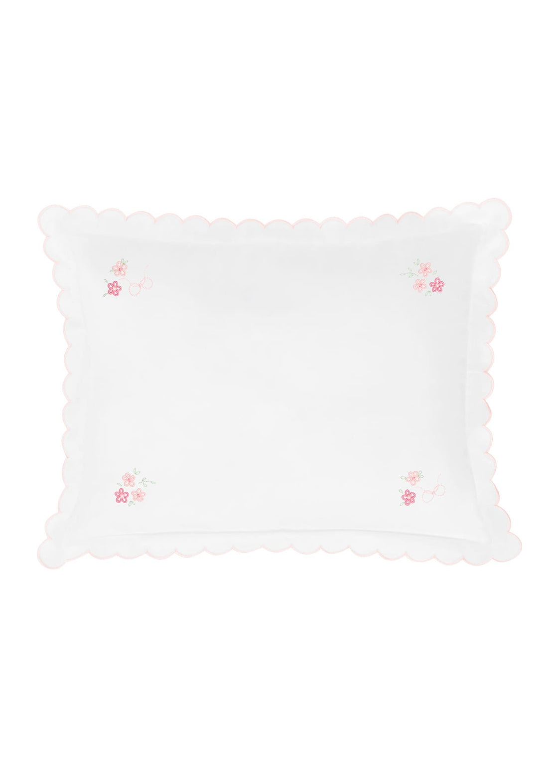 Little English classic scallop baby pillow case with pink floral embroidery in corners and light pink trim, for baby 