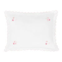 Little English classic scallop baby pillow case with pink floral embroidery in corners and light pink trim, for baby 