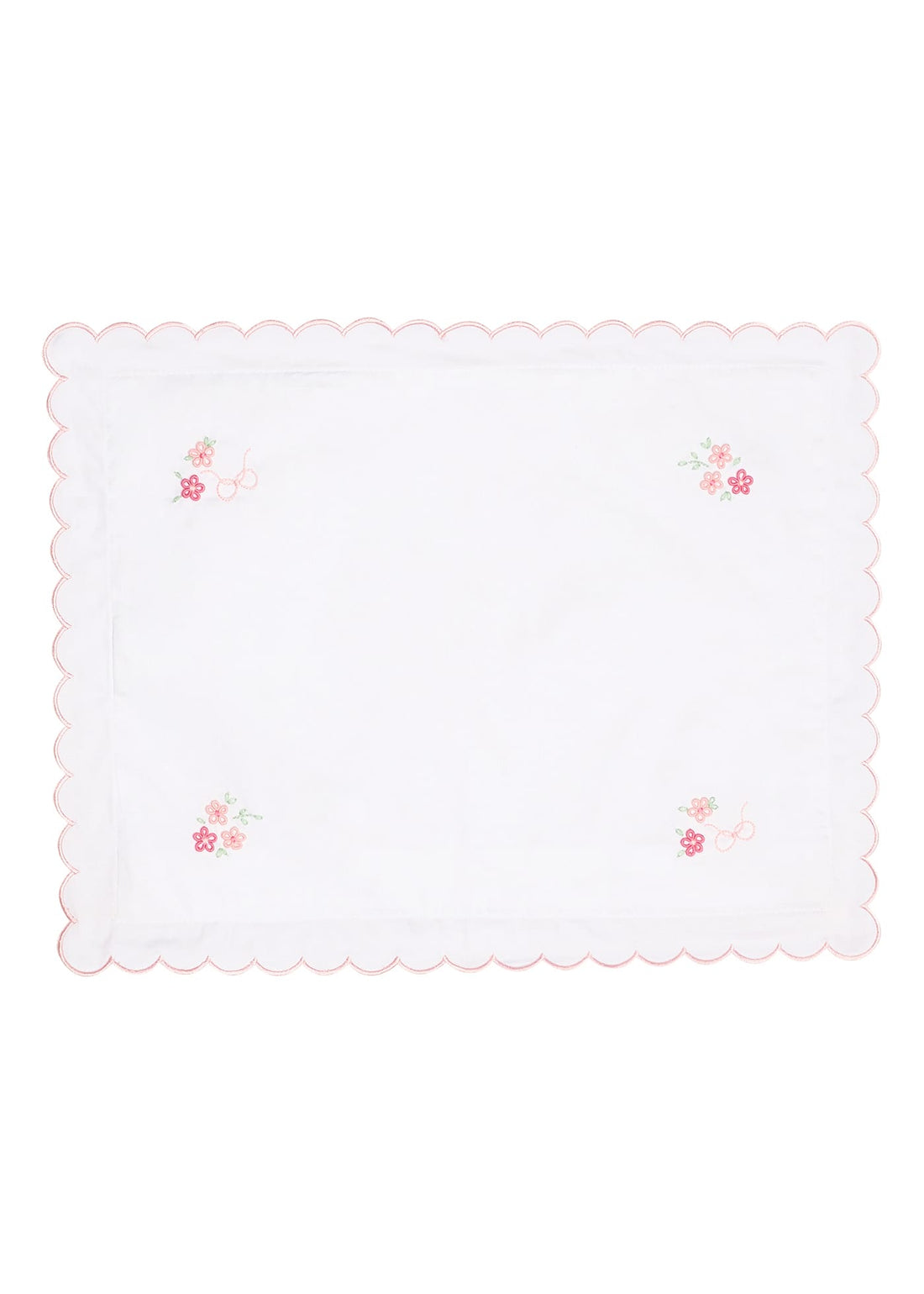 Little English classic scallop baby pillow case with pink floral embroidery in corners and light pink trim, for baby 