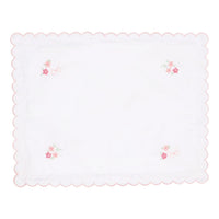 Little English classic scallop baby pillow case with pink floral embroidery in corners and light pink trim, for baby 