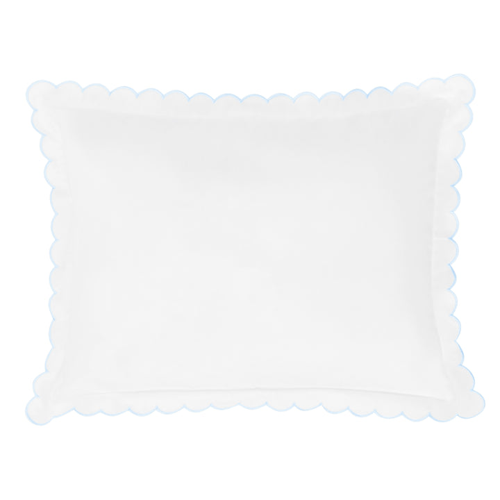 Little English baby pillow case with scallop edge trimmed in light blue embroidery, nursery goods for baby
