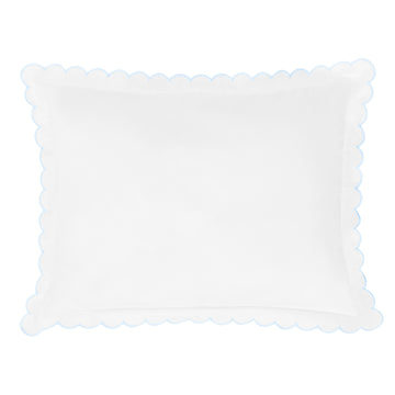 Little English baby pillow case with scallop edge trimmed in light blue embroidery, nursery goods for baby
