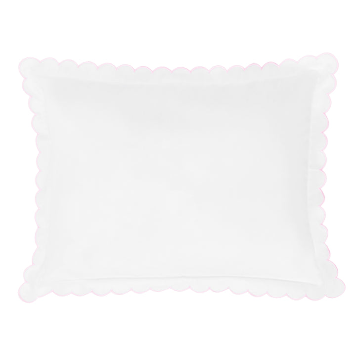 Little English baby pillow case with scallop edge trimmed in light pink embroidery, nursery goods for baby