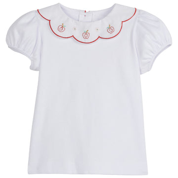 Little English girls knit short sleeve top with embroidered apples on a scallop collar