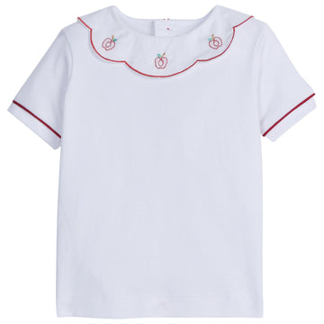 little english classic childrens clothing boys white blouse with red piping and a scalloped collar with embroidered apples