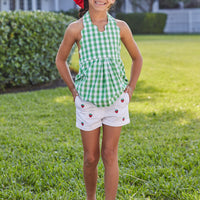 Little English girls scallop halter top for spring with elastic back, green check top for older girls
