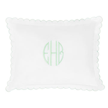 Little English baby pillow case with scallop edge trimmed in light green embroidery, nursery goods for baby