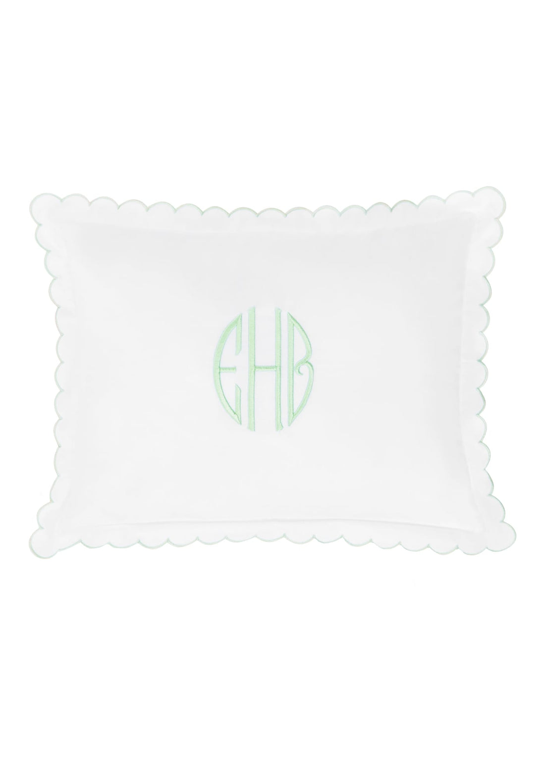 Little English baby pillow case with scallop edge trimmed in light green embroidery, nursery goods for baby