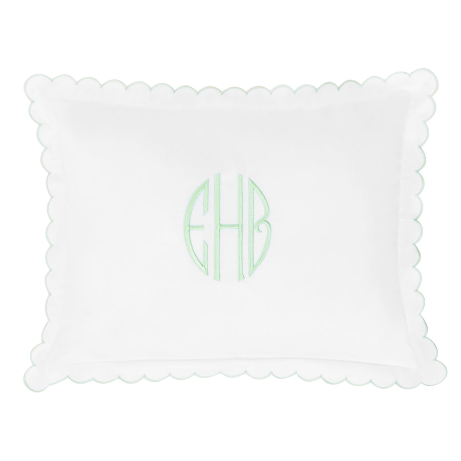 Little English baby pillow case with scallop edge trimmed in light green embroidery, nursery goods for baby