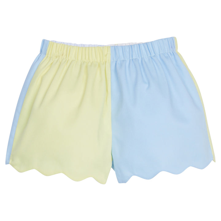 Little English traditional children’s clothing, girl's woven blue and yellow color block scallop short for Spring